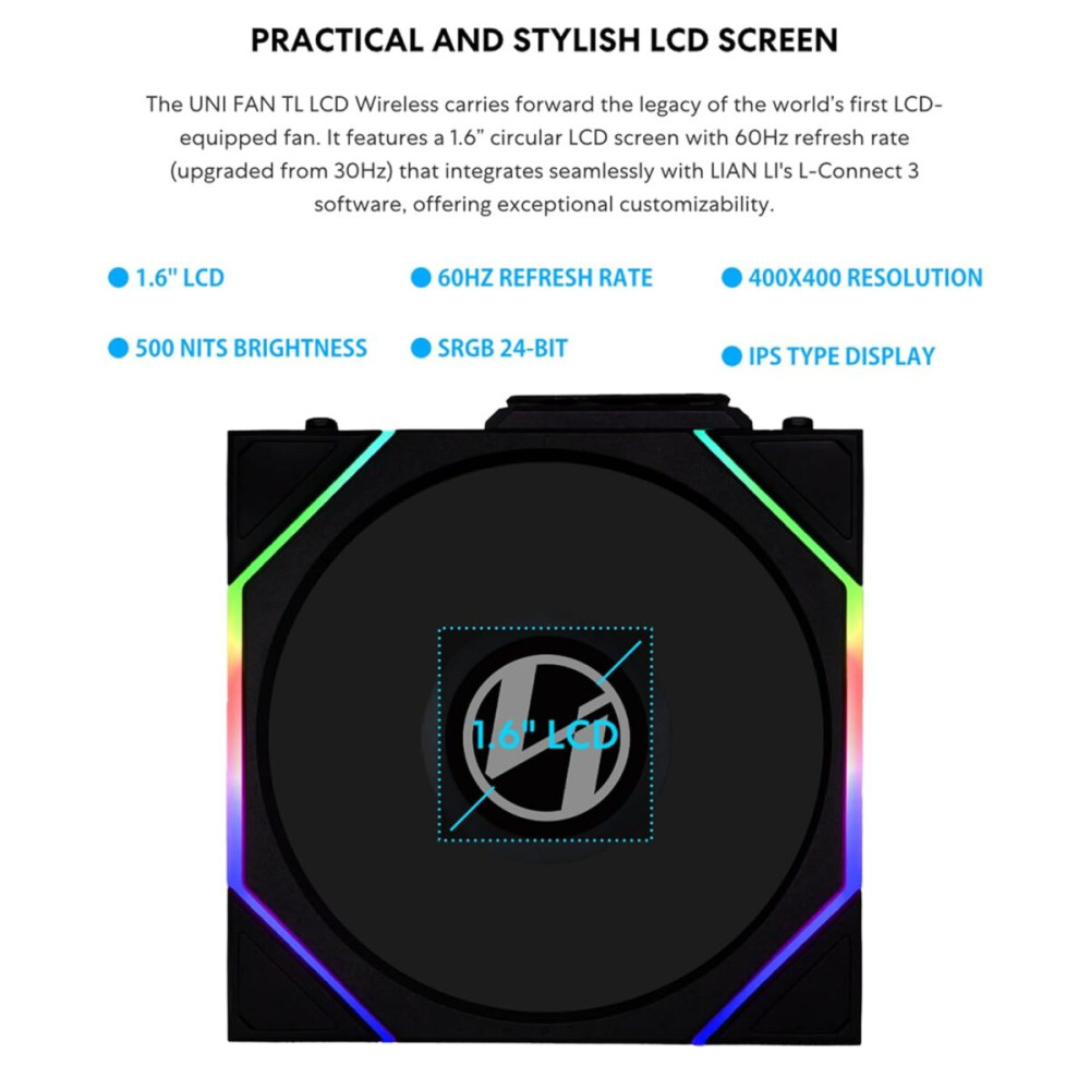 Lian Li UNI FAN TL-LCD Wireless Reverse 140 Black (1pc) Case Fan - No Controller Included