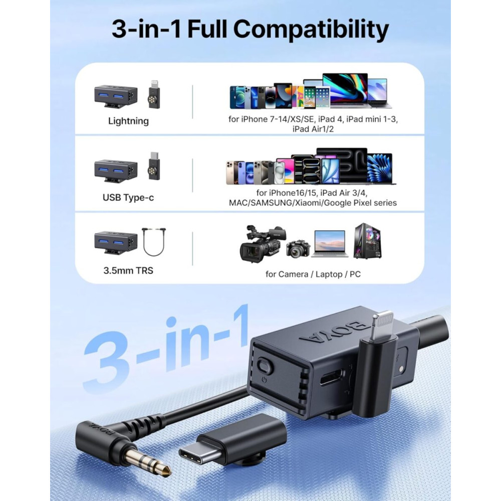 BOYALINK 3 - Type-C, Lightning & 3,5mm AI-Powered Button Wireless Microphone 2 TX + 1 RX + cha. Case