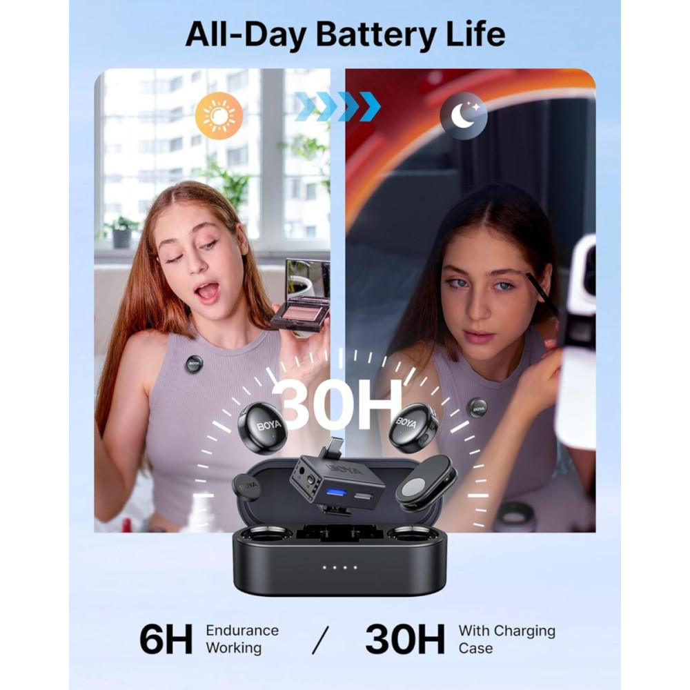 BOYALINK 3 - Type-C, Lightning & 3,5mm AI-Powered Button Wireless Microphone 2 TX + 1 RX + cha. Case