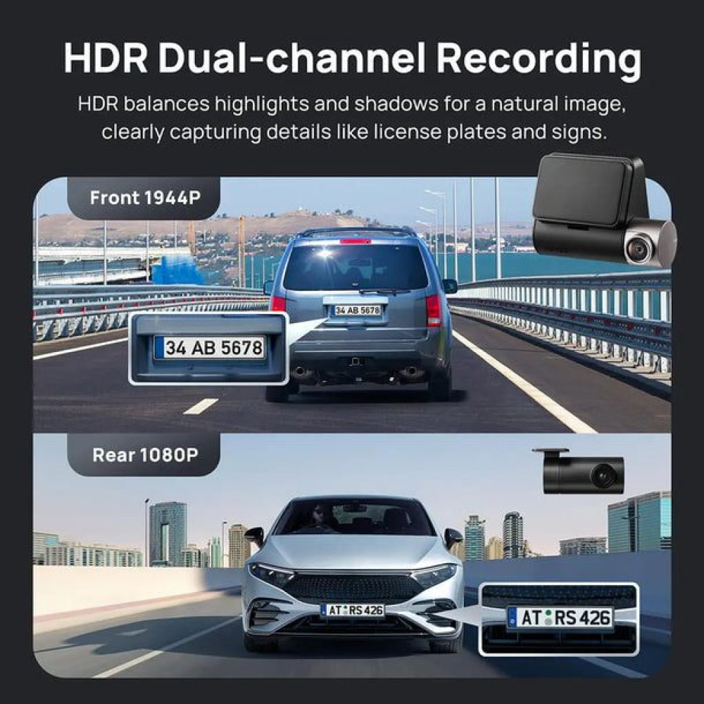 70mai A510-1 Front & Rear Dash Cam w. Screen set w. RC11 Rearview Cam - 1600p, 3k pic, Loop rec Car