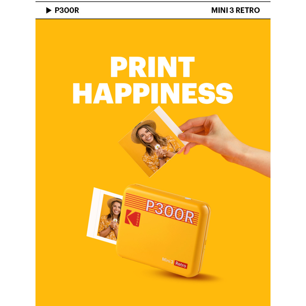 Kodak Mini 3 Retro 4PASS Smartphone Photo Printer Portable (7.6 x 7.6 cm) + 8 Sheets, Yellow