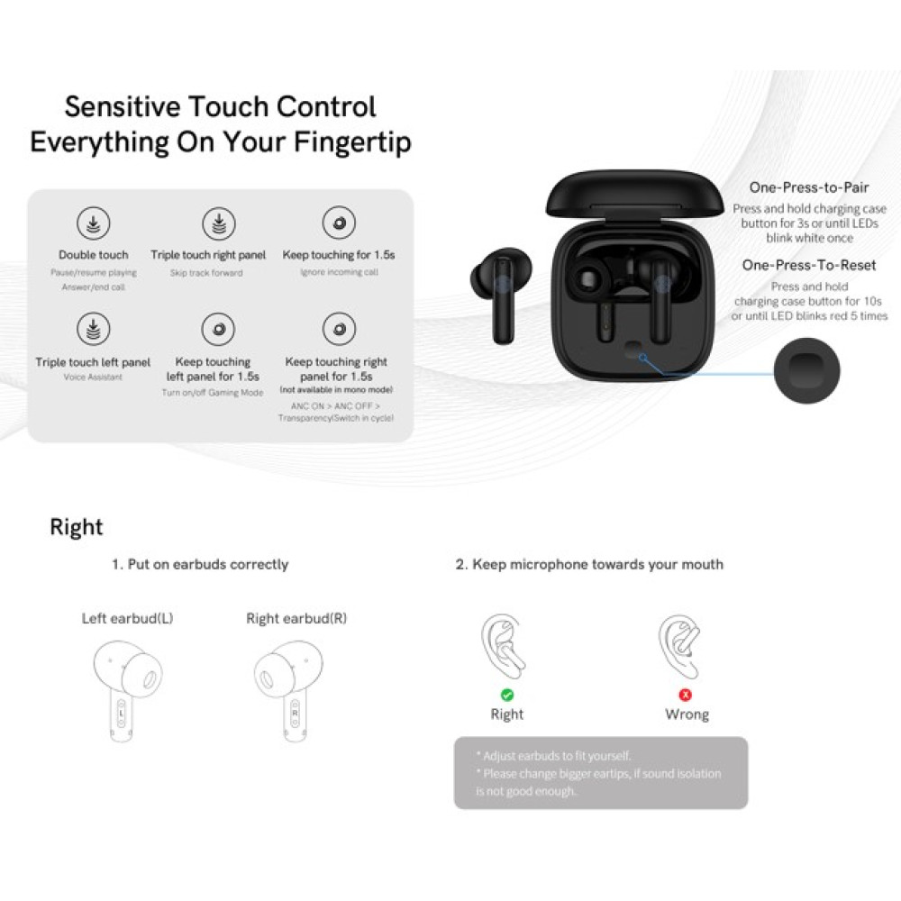 QCY T13 ANC Black - TWS 10mm Dynamic Driver, 4-mic 28dB ANC, Bluetooth 5.3, 7hr-30hr, 75ms latency