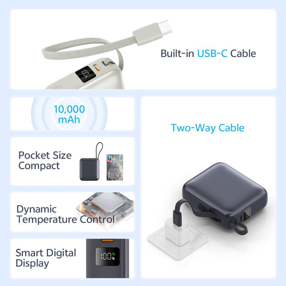 QCY PB10C Grey 10000mAh 35W PD fast charge power bank - Digital Display, Fireproof ABS+PC