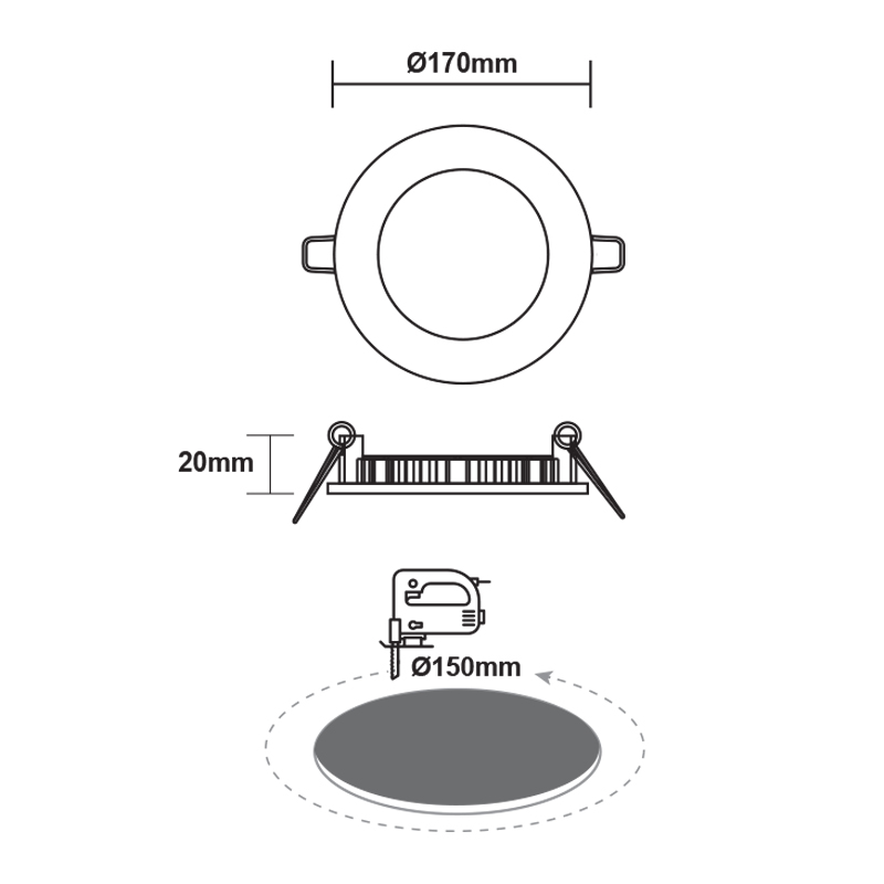 LED ΠΑΝΕΛ ΧΩΝΕΥΤΟ 230V AC 12W 4000K 1100LM Ra80 Φ170mm ΛΕΥΚΟ ΣΤΡΟΓΓΥΛΟ