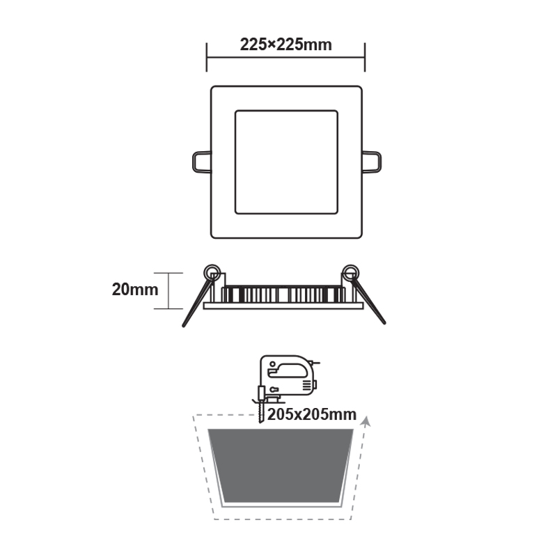 LED ΠΑΝΕΛ ΧΩΝΕΥΤΟ 230V AC 18W 4000K 1800LM Ra80 Φ223mm ΝΙΚΕΛ ΜΑΤ ΤΕΤΡΑΓΩΝΟ