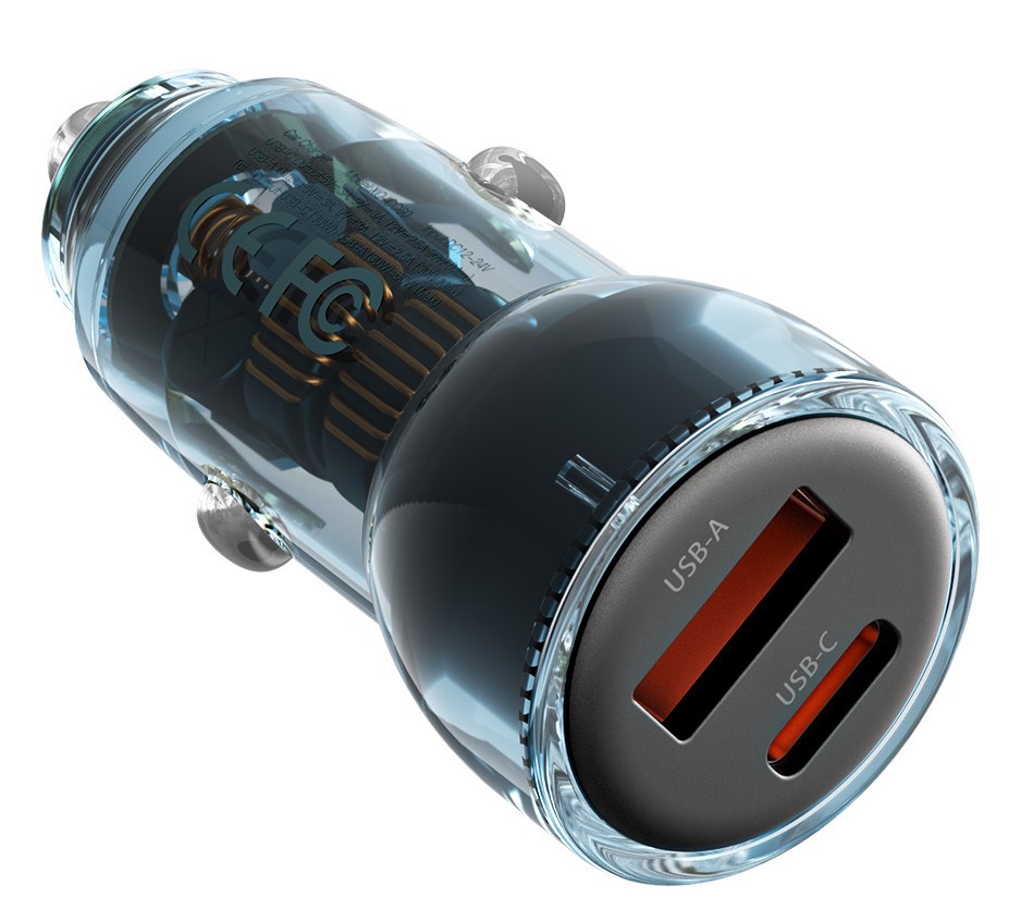 XO CC60 Smart Διαφανής Φορτιστής Αυτοκινήτου A30W+C30W/Ταυτόχρονη 60W Μπλε